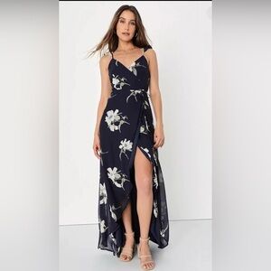 Lulus All Mine Navy Floral Print High Low Wrap Dress Womens Size S